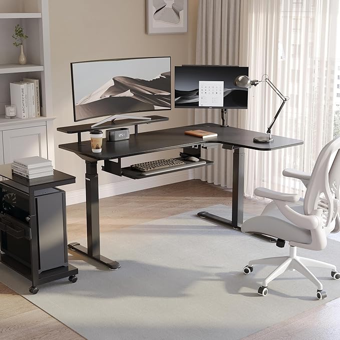 EUREKA ERGONOMIC 55 Inch L Shaped Electric Standing Desk, Height Adjustable Computer Gaming Desk with Keyboard Tray, Mouse Pad, Home Office Work,Carbon Fiber Black, Right Side