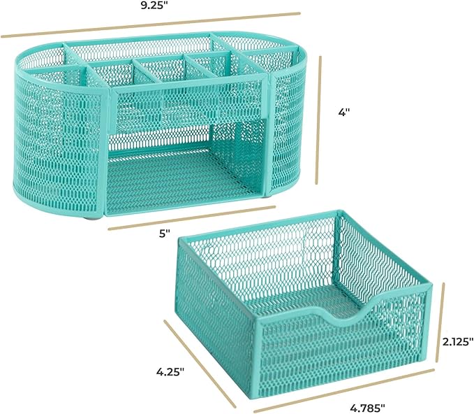 BLU MONACO Aqua Desk Organizer | Metal Stationery Holder With Drawer and Eight Compartments | Desktop Storage for Home Office or Study Space | 4.3โD x 9.3โW x 4โH Workspace Organizer