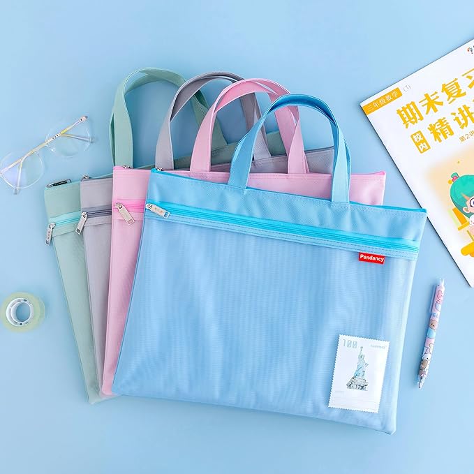 Pendancy Mesh Zipper Pouch 11x13.7 in, 2 pcs Large Double Pocket Waterproof File Bag with Handle, A4 Size Foldable Document Storage for Puzzle Project/Cross Stitch/Travel/Office(Blue Pink)