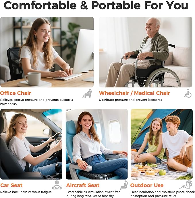 Upgrade Airplane Seat Cushion with No External Air Pump, Travel Cushion for Long Flights, Portable Wheelchair Cushions, Adjustable Air Cushion with Non-Skid Bottom Relief Discomfort in Coccyx