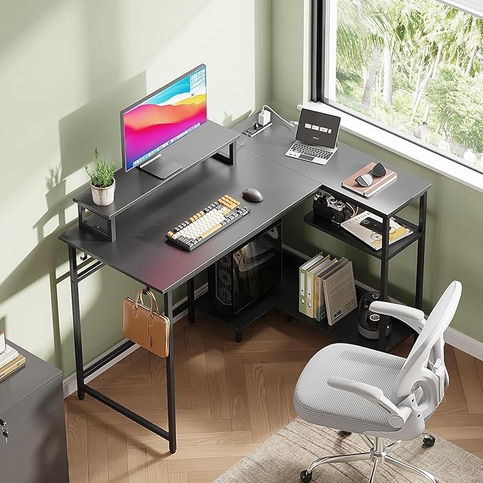 DEVAISE Compact 43" L Shaped Gaming Desk with LED Lights and Power Outlets - Corner Computer Table with Monitor Stand and Storage Shelves for Work and Gaming, Black