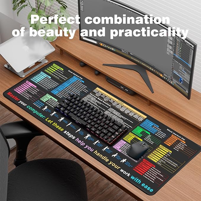 Excel Cheat Sheet Desk pad—Contains 12 Types of Common Skills in Excel and Word|Large XL Size(31.5 * 11.8 inch)|Desk mat for Keyboard and Mouse|Work、Study、Gaming Mouse pad|Waterproof、Anti-Slip