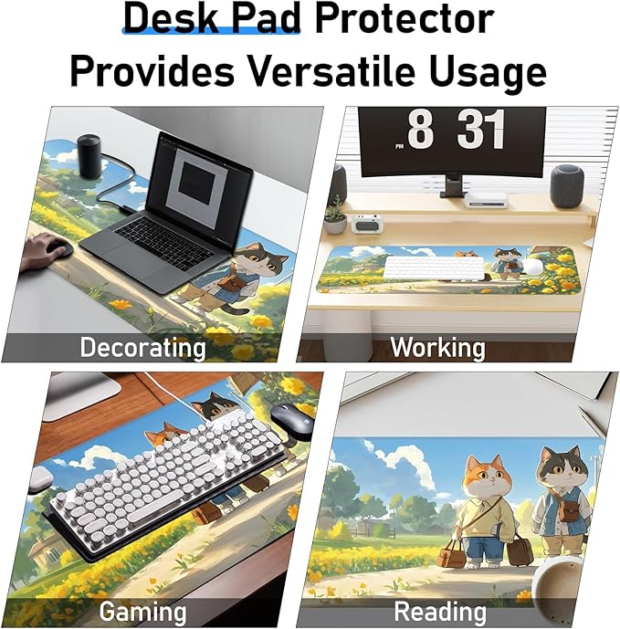 Cute Cat Mouse Pad, Non-Slip Rubber Gaming Mouse Pad with Seam Edge for Gaming, Office, Laptop, 31.5 x 11.8 Inch, Anime Cat Desk Mat