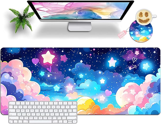 Extended Mouse Pad with Coaster 31.5 x 11.8 Desk Pad Full Desk Mousepad Stitched Edges Desk Mat Long Large Gaming Mouse Pad for Desk Office Home Rainbow Star