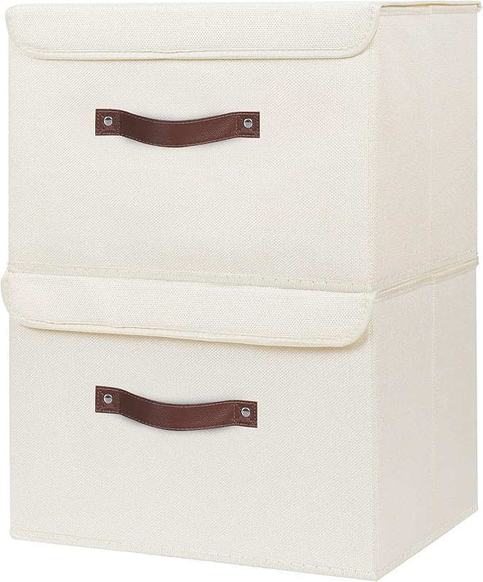 ANMINY Storage Bin with Lid Storage Boxes with PU Leather Handles PP Plastic Board Decorative Foldable Lidded Cotton Linen Fabric Home Cubes Baskets Closet Organizer Container - Beige, Medium