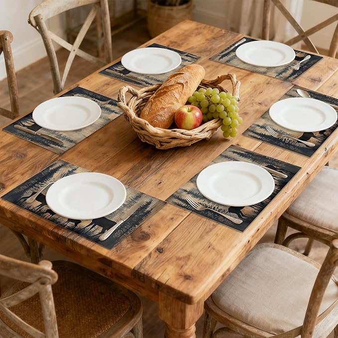 Rustic Deer Forest Table Placemats Set of 6, Linen Placemats 12x18 Inch, Washable Non Slip Heat Resistant Mats for Dining Table Kitchen Indoor Use