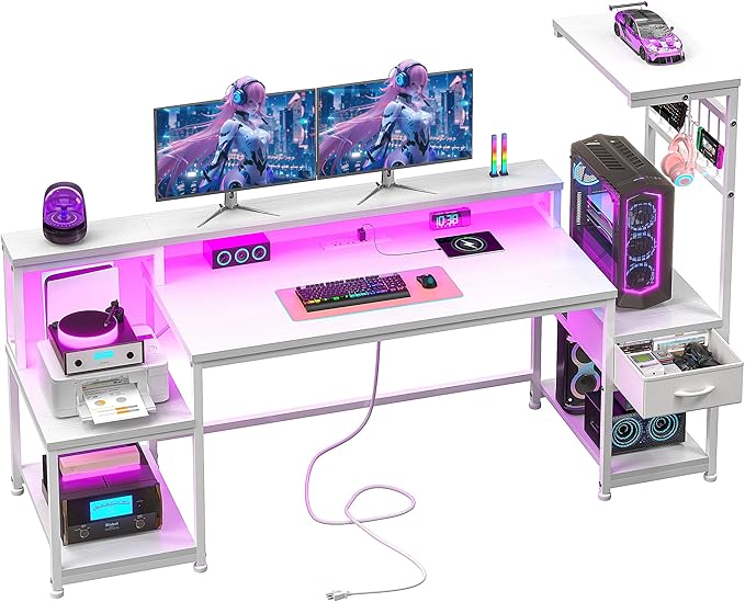 DurayLoly 63" Computer Desk with LED Lights & Outlets,Office Desk with Drawers & Monitor Stand,Gaming Desk with 3 Storage Shelves, Hooks& Printer Space for Game&Study Room,Home Office,Bedroom,White