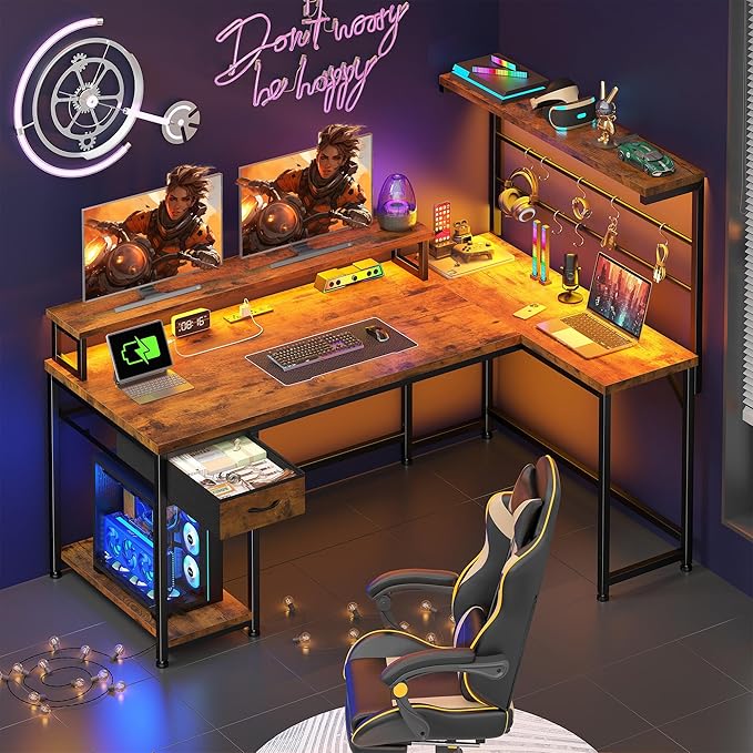 EnHomee 53 inch L Shaped Desk with Shelf & Drawer,Reversible Corner Computer Desk with LED Lights & Power Outlets, Gaming Desk Home Office with Monitor Stand, Rustic Brown