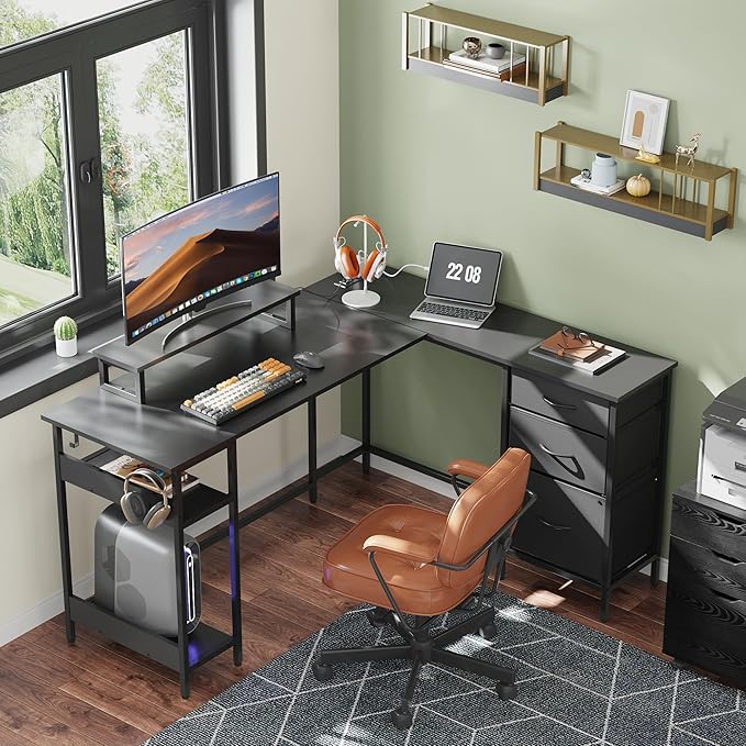 DEVAISE 55 Inch L Shaped Gaming Desk with Drawers and Storage, Corner Desk with LED Lights, Power Outlets, Computer Desk with Monitor Stand, Office Desk for Home, Black