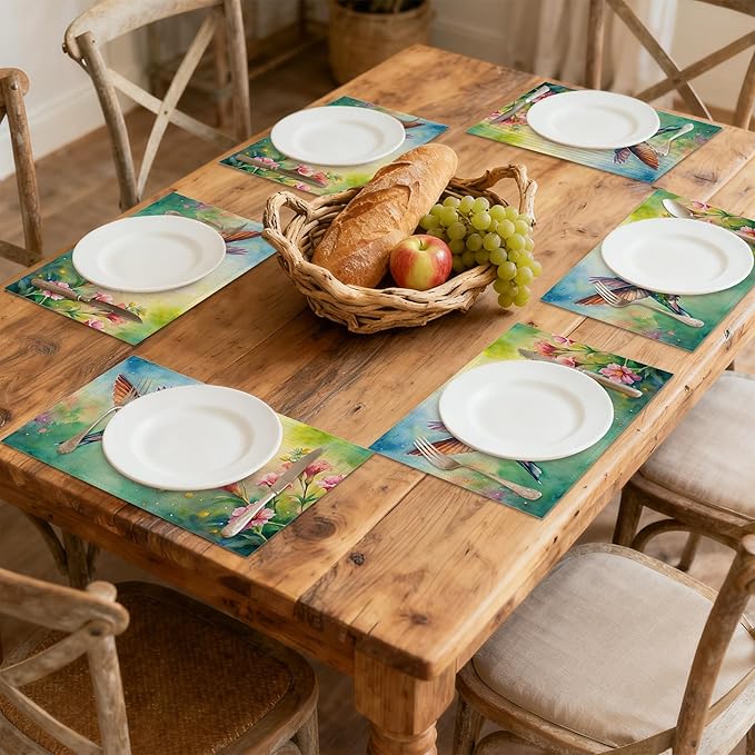 Watercolor Hummingbird Flowers Placemats Set of 6 Linen Table Mats, 12x18 Inch Washable Placemats for Dining Table, Non Slip Heat Resistant Mats for Kitchen Home Decor