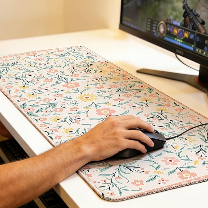 Large Gaming Mouse Pad Pink Floral Desk Mat,Non-Slip Rubber Base Stitched Edges,Extended Mousepad for PC,Laptop,Office,Home Decor(31.5 x 11.8 Inch)