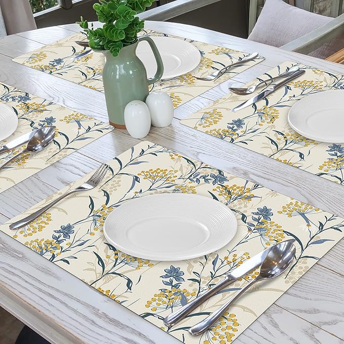 Spring Floral Washable Table Placemats - Summer Flower Faux Leather Heat Resistant Waterproof Wipeable Reusable Place Mat for Runners Kitchen Dining Tablemat Set of 4