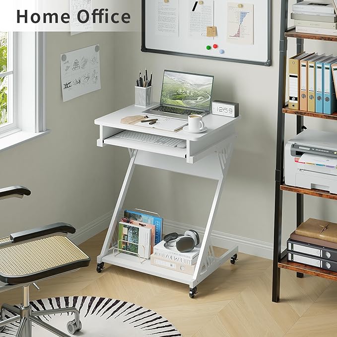 ALISENED 2 Tier Computer Desk with Keyboard Tray, 23.6" Home Office Desk Computer Workstation Rolling Study PC Laptop Table for Small Spaces,Z-Shaped Small Compact Study Table,White