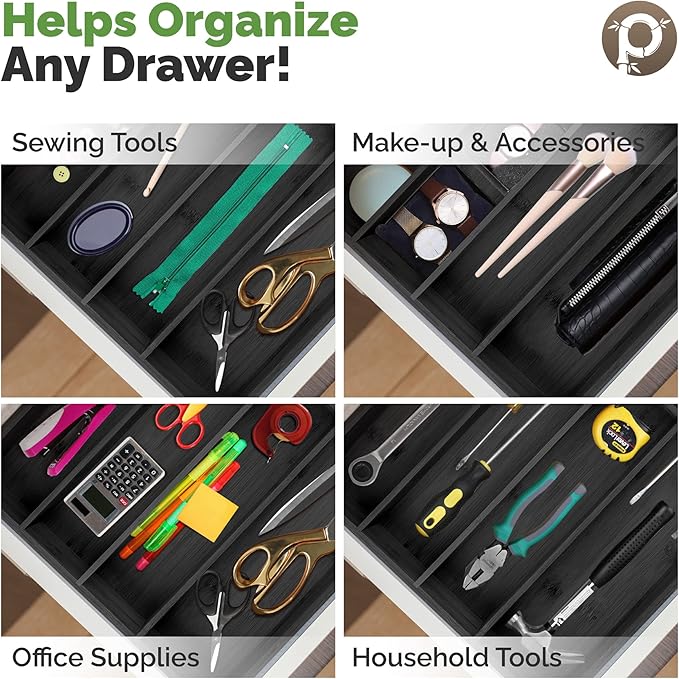 Pristine Bamboo Silverware Organizer - Kitchen Drawer Organizer and Utensil Organizer - Cutlery Tray โ Flatware, Utensil and Silverware Holder - Silverware Tray for Drawer (5-Slots, Black)