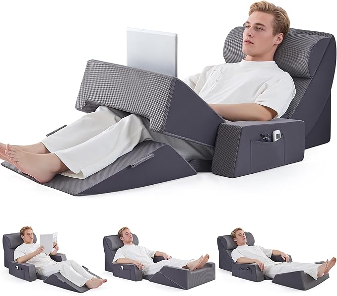 Yojoker Orthopedic Bed Wedge Pillow Set for Sleeping, Post Surgery Foam for Body, Back and Leg Pain Relief Comfortable & Adjustable Support Pillows-Anti Snoring, Heartburn (Full Gray, 9 Piece Set)