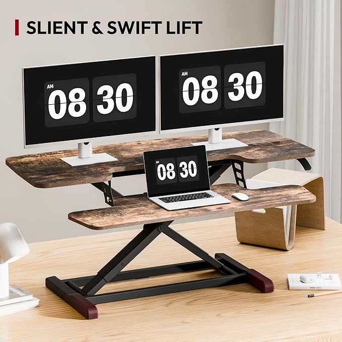 SANODESK 42" Extra Large Standing Desk Converter, Effortless Lift Sit-Stand Riser, Heavy Duty Multi-Device Workstation, Spacious Ergonomic Desktop Riser, Rustic Brown