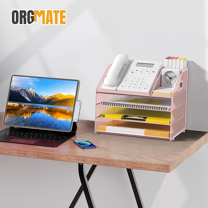 Letter Tray Paper, 4 Tier Desk Organizer with Pen Holder and Handle, Mesh File Organizer Paper Sorter Metal Desktop Document Shelf for Office Home Classroom - Pink