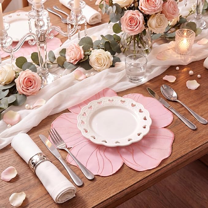 Moukeren Set of 6 Elegant Floral Placemat 16'' Flower Shaped Place Mat Flower Embroidery Table Mat for Wedding Bridal Shower Baby Shower Tea Party Kitchen Dining Table Decor(Pink)