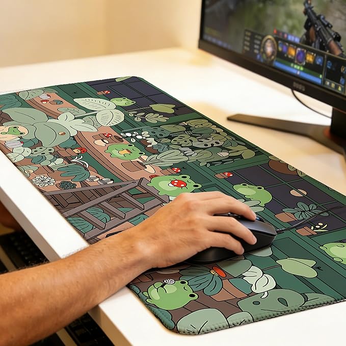 Large Gaming Mouse Pad Cute Frog Desk Mat,Non-Slip Rubber Base Stitched Edges,Extended Mousepad for PC,Laptop,Office,Home Decor(31.5 x 11.8 Inch)