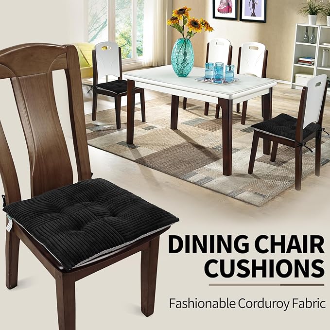 Office Stacking Chair Cushion with Ties, Corduroy High Density Foam Non-Slip Kitchen Seat Cushion, Square 17" x 17" Indoor Dining Chair Pads, Black, 1 PCS