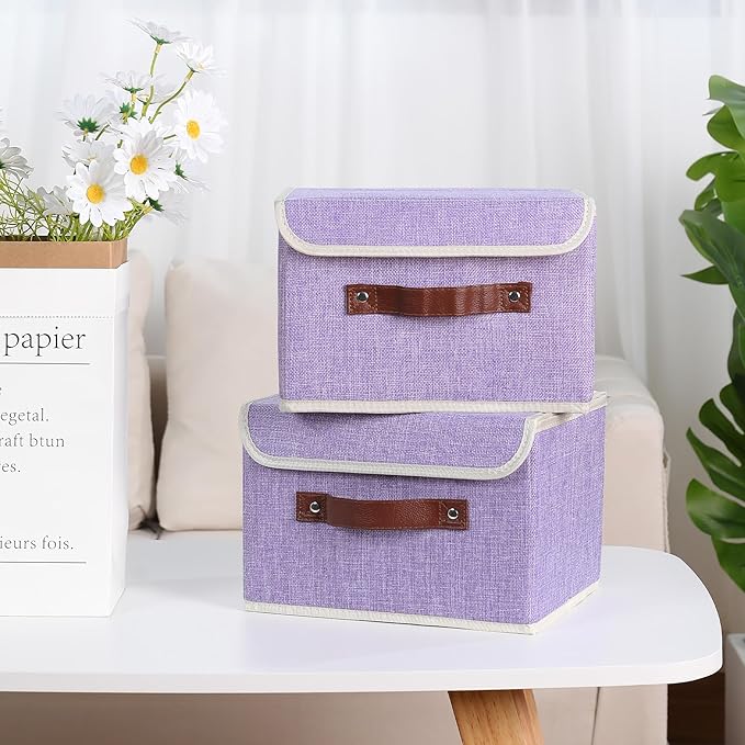 ANMINY Storage Bin with Lid Storage Boxes with PU Leather Handles PP Plastic Board Decorative Foldable Lidded Cotton Linen Fabric Home Cubes Baskets Closet Organizer Container - Purple, Medium