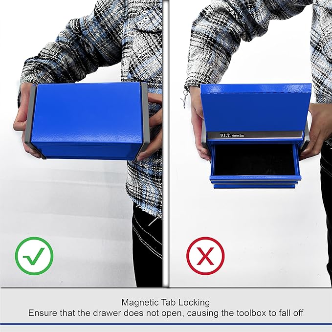 P.I.T. Mini Tool Box 8.6"W X 4.6"D, Portable 3 Drawer Steel Stackable Blue Tool Box with Magnetic Tab Locking, Blue Micro Top Chest with Liner for Tools Storage and Organizers, Home DIY