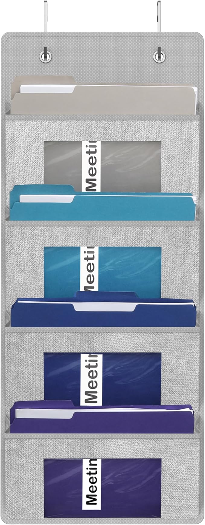 Simple Houseware Over the Door Hanging Wall File Organizer, 4 Clear Window Pocket File Holder with 13" Width for Office Supplies Storage, Grey
