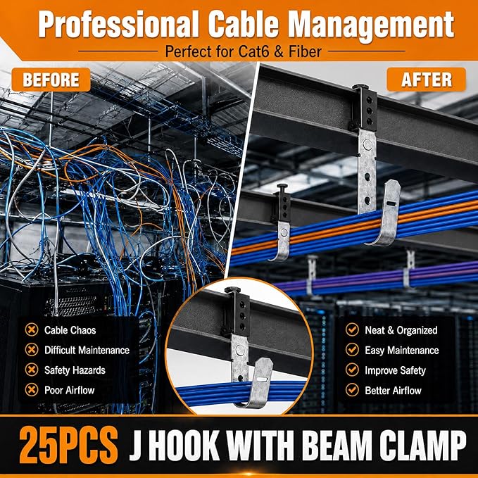 Blulu 25 Pcs Cable Support J Hook with Beam Clam Swivel Heavy Duty Metal Hangers for J Hook Hanging Cable Management Organizing Wire G60 Galvanized Steel (3/4 Inch)