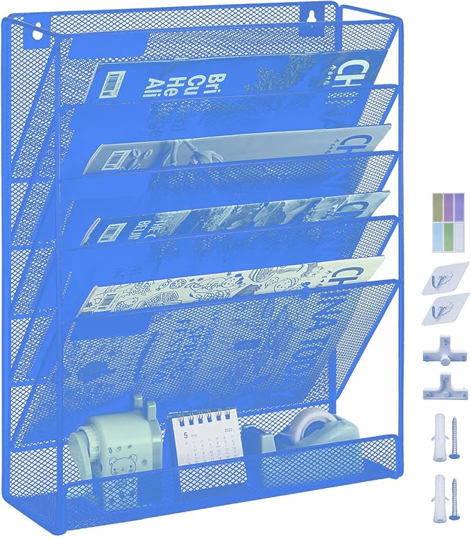 5 Pockets Mesh Wall File Holder Organizer with Bottom Flat Tray, Office Hanging File Folder Magazine Rack, Nametag Label Hooks Set Included, Blue