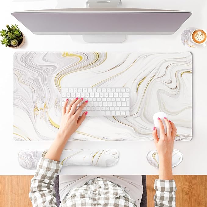 QIYI Leather Desk Mat Set, 4-in-1 Large Mouse Pad with Wrist Rest, Non-Slip Desk Pad + Keyboard Wrist Rest + Mouse Wrist Support + Coaster, Office Desk Accessories Home Decor Supplies, White Marble