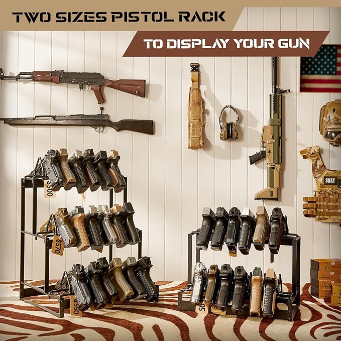 Poyilooo Pistol Rack, 2Tier Portable Pistol Rack for Gun, Hold Up 12 Handguns Pistol Stand for Gun Storage, Pistol Holder for Gun Heavy Duty Steel Gun Rack for Shot Exhibitior Retail Shop Home Office