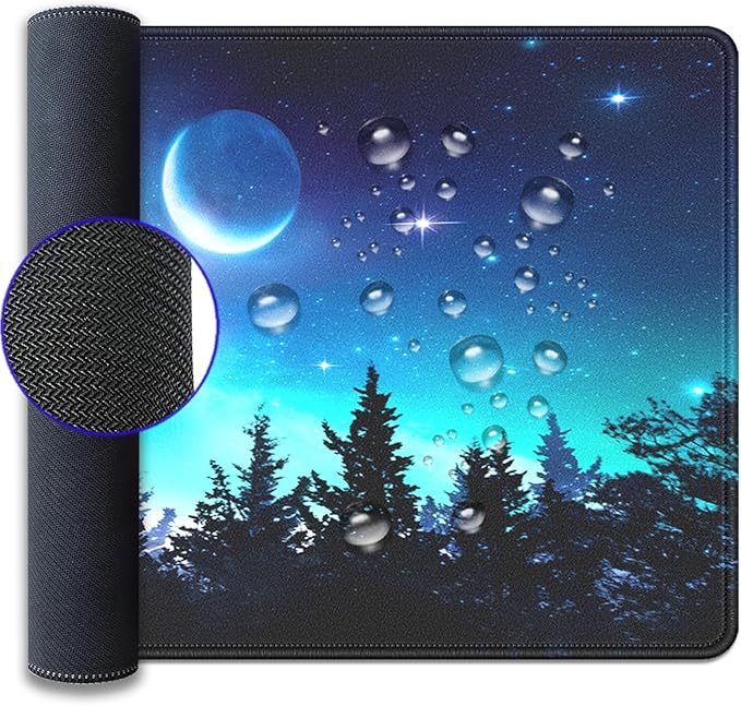Starry Night Forest Large Gaming Mouse Pad Desk Pad, 27.5x11.8in Moon Galaxy Extended Desk Mat with Stitched Edges, Non-Slip Waterproof Rubber Base for Office, Computer & Laptop