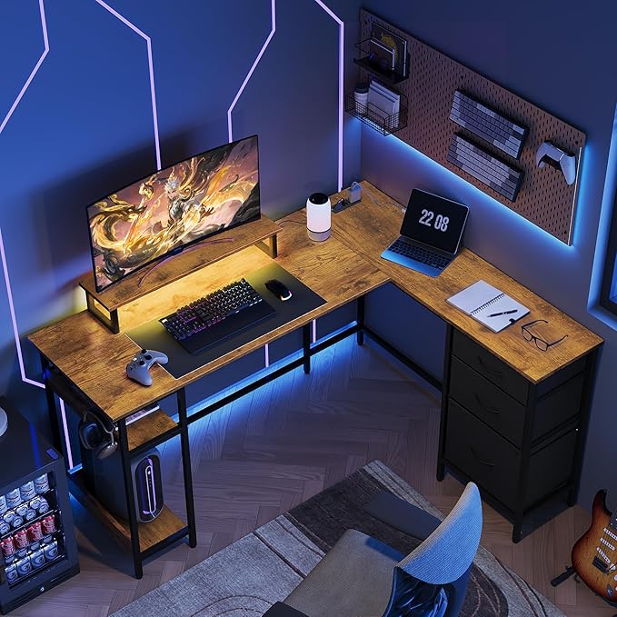 DEVAISE 55 Inch L Shaped Gaming Desk with Drawers and Storage, Corner Desk with LED Lights, Power Outlets, Computer Desk with Monitor Stand, Office Desk for Home, Rustic Brown