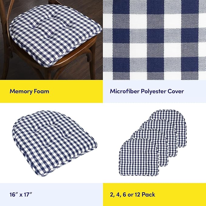 Sweet Home Collection Chair Cushion Memory Foam Pads Tufted Slip Non Skid Rubber Back U-Shaped 17" x 16" Seat Cover, 4 Count (Pack of 1), Checkered Navy/White