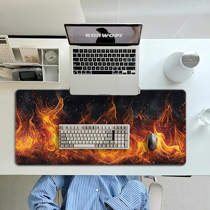 35.4 x 15.7 in, XXL Large Mouse Pad for Desk, Extended Keyboard Mouse Mat for Computer Office, Big Mousepad with Stitched Edges, Gaming Pc-Flame on Black