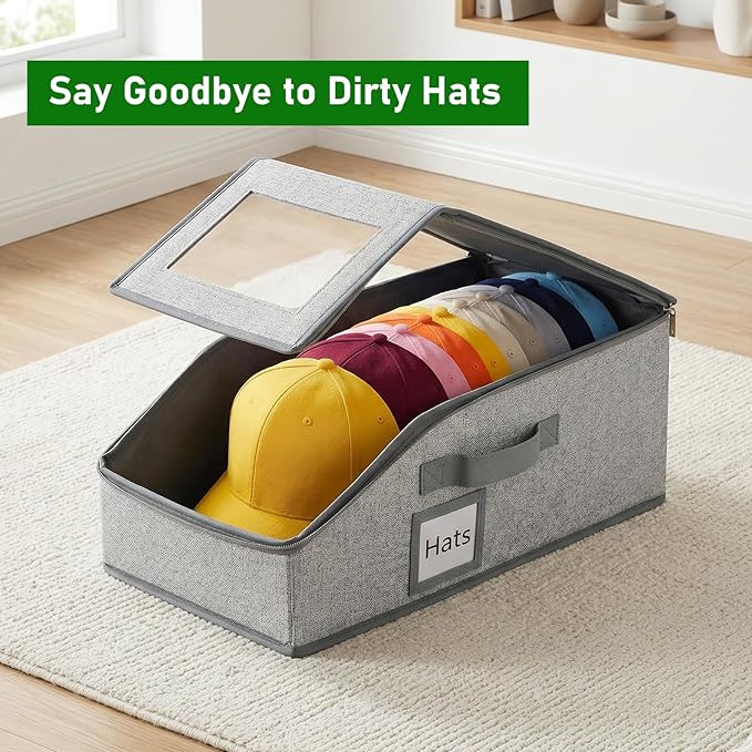 4 Pack Hat Organizer for Baseball Caps, Stackable Hat Storage Box with Clear Window Lid, Holds up to 56 Ball Cap Storage Organizer, Foldable Hat Box Holder for Closet Bedroom Shelf (Grey)
