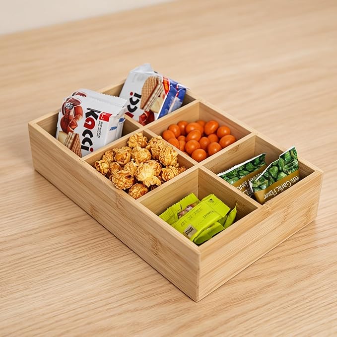 2 Pack Bamboo Small Desk Organizer with Adjustable Dividers, Wood Office Desk Dccessories Organizer for Snacks,Tea Bag,Makeup, Jewelry,Stationery