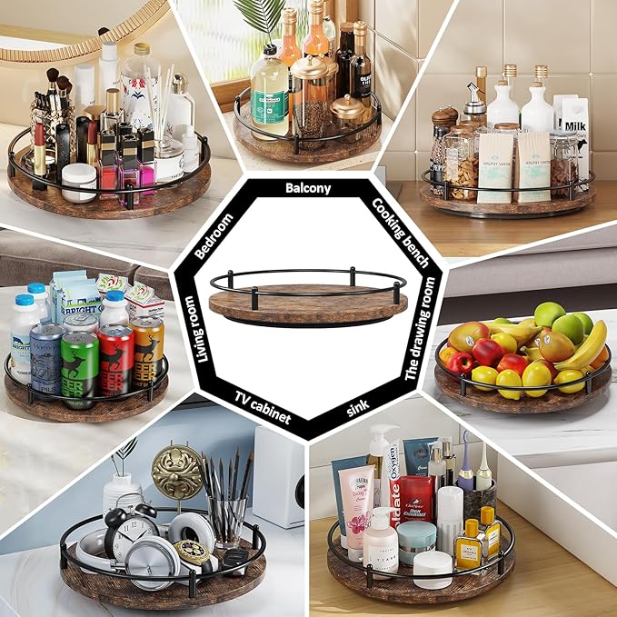 Lazy Susan Organizer:12 Inch 360 Degree Rotating Spice Rack for Kitchen Countertop Round Lazy Susan Wood Turntable Holder for Cabinet Table– Black