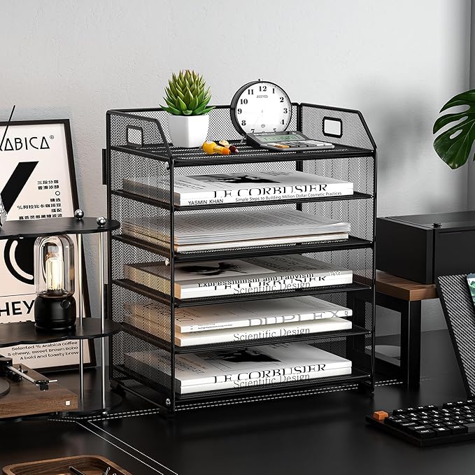 6 Trays Paper Organizer Letter Tray with Pull-Out Drawer, Assembled Mesh Desk File Holder, Metal Paper Sorter for Office Documents, Black