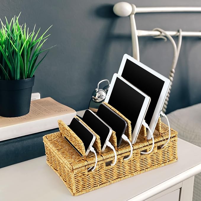 CroBlissful Cable Management Box Handwoven Imitation Rattan Cord Hider Box Charging Station Basket Desktop Cord Organizer with Removable Divider for Laptop Tablet 12.5lx5.9hx7.6w-inch(Rattan Color)