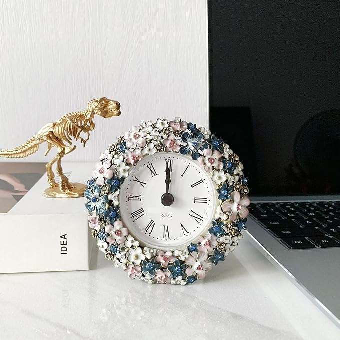 Silent Mini Vintage Analog Table Clock with Hand-Painted Metal Body and Battery Operated Non-Ticking Core for Shelf, Bedroom, Bedside, Desk, Gift Clock