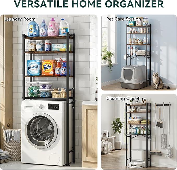 GloTika 4-Tier Over The Toilet Storage with Paper Holder and 4 Hooks - Metal Over Toilet Bathroom Organizer Shelf, Freestanding Bathroom Cabinet for Laundry/Living Room (69.3" H, Black Brown)