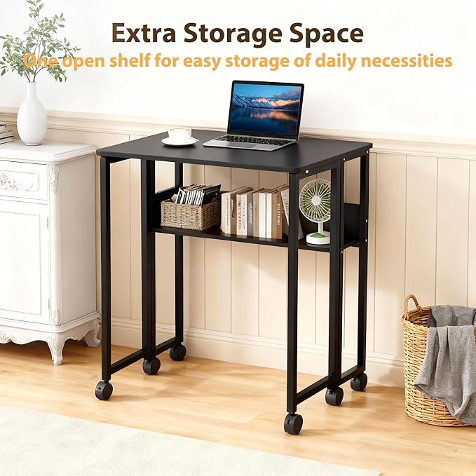 Folding Desk Small Rolling Desk with Storage Shelf,24.8 Inch Foldable Computer Table with Wheels,Portable Office Desk for Small Space Sofa Table,Easy to Fold,Writing Work Office Computer Desk,Black