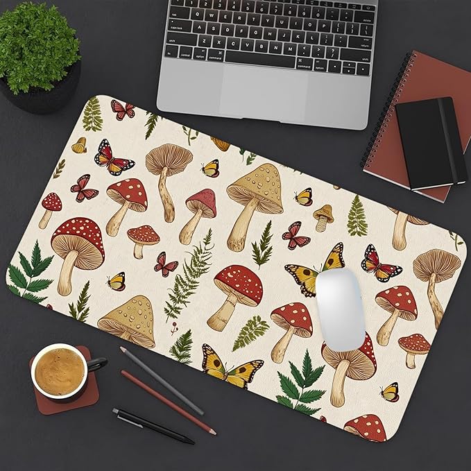 Desk Mat Large Mouse Pad, Non-Slip PU Leather Gaming Mousepad Keyboard Mouse Mats Desk Pads 23.6"x11.8" for Work Office Decor Gifts Beige Mushroom