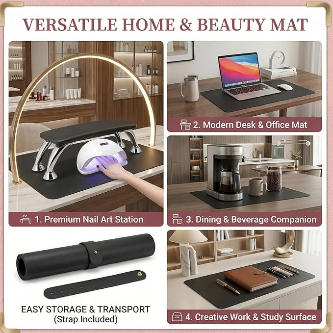 Nail Art Table Mat, (Mat Only) Foldable Hand Rest Manicure Pad, Soft Microfiber PU Leather Arm Rest Pad for Acrylic Nails, Nail Polish Mat for Nail Tech Salon Home, Black