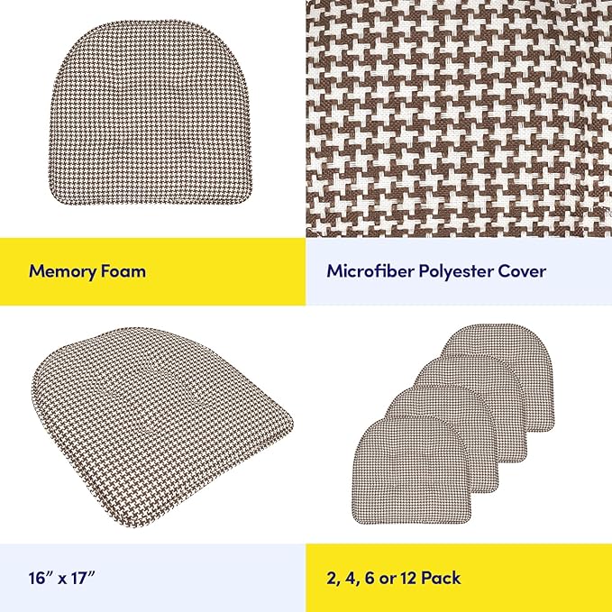 Sweet Home Collection Chair Cushion Memory Foam Pads Tufted Slip Non Skid Rubber Back U-Shaped 17" x 16" Seat Cover, 2 Count (Pack of 1), Houndsooth Brown