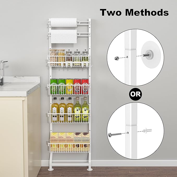 BUKFEN 6-Tier Slim Corner Shelf, Spice Rack Next to Fridge Slim, Narrow Storage Cabinet Organizer for Kitchen,Bathroom,White