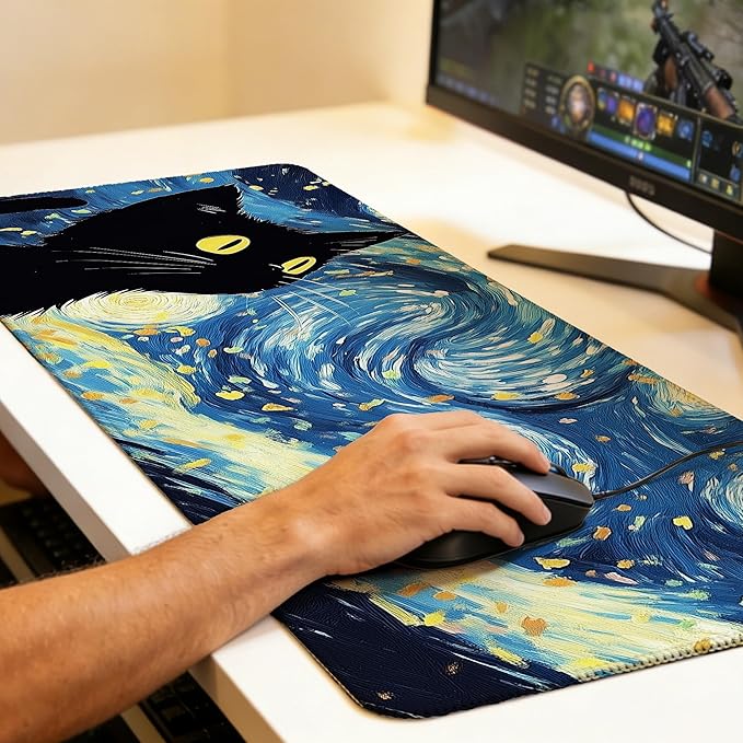 Blue Starry Night Black Cat Mouse Pad,35.4 x 15.7 Inch Large Mouse Mat Non-Slip Rubber Stitched Edges for Writing Desk,Office,Home,Laptop