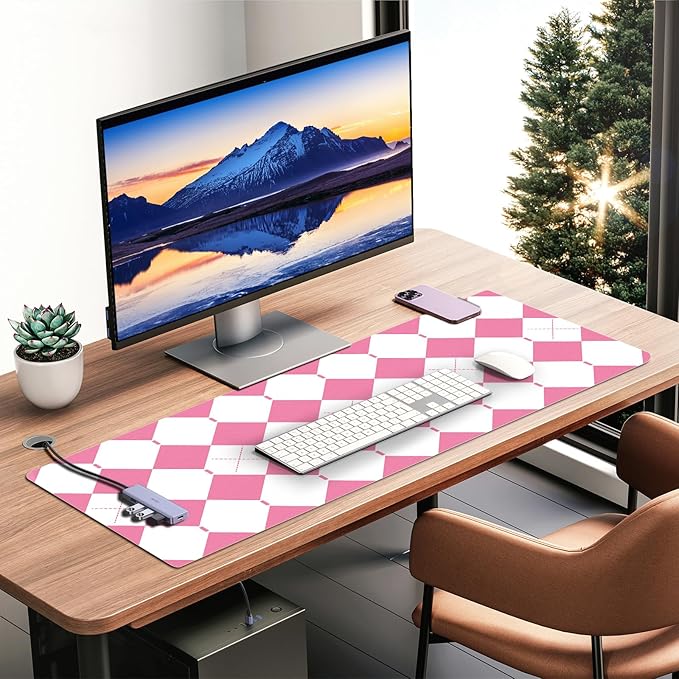 Non-Slip Checkered Desk Pad, PU Leather Computer Laptop Desk Mat, Waterproof Mouse Keyboard Pad, Desktop Protector and Cover, Computer Mat Desk Protector for Home & Office (Pink, 35.4" x 15.7")