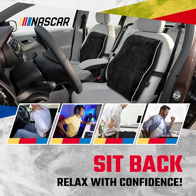 NASCAR Lumbar Support Pillow for Office Chair, Car, Gaming Chair, Home | Contoured Ergonomic Back Support | Premium Memory Foam | Breathable & Washable Jaquard Velvet Cover w/Adjustable Strap, Black